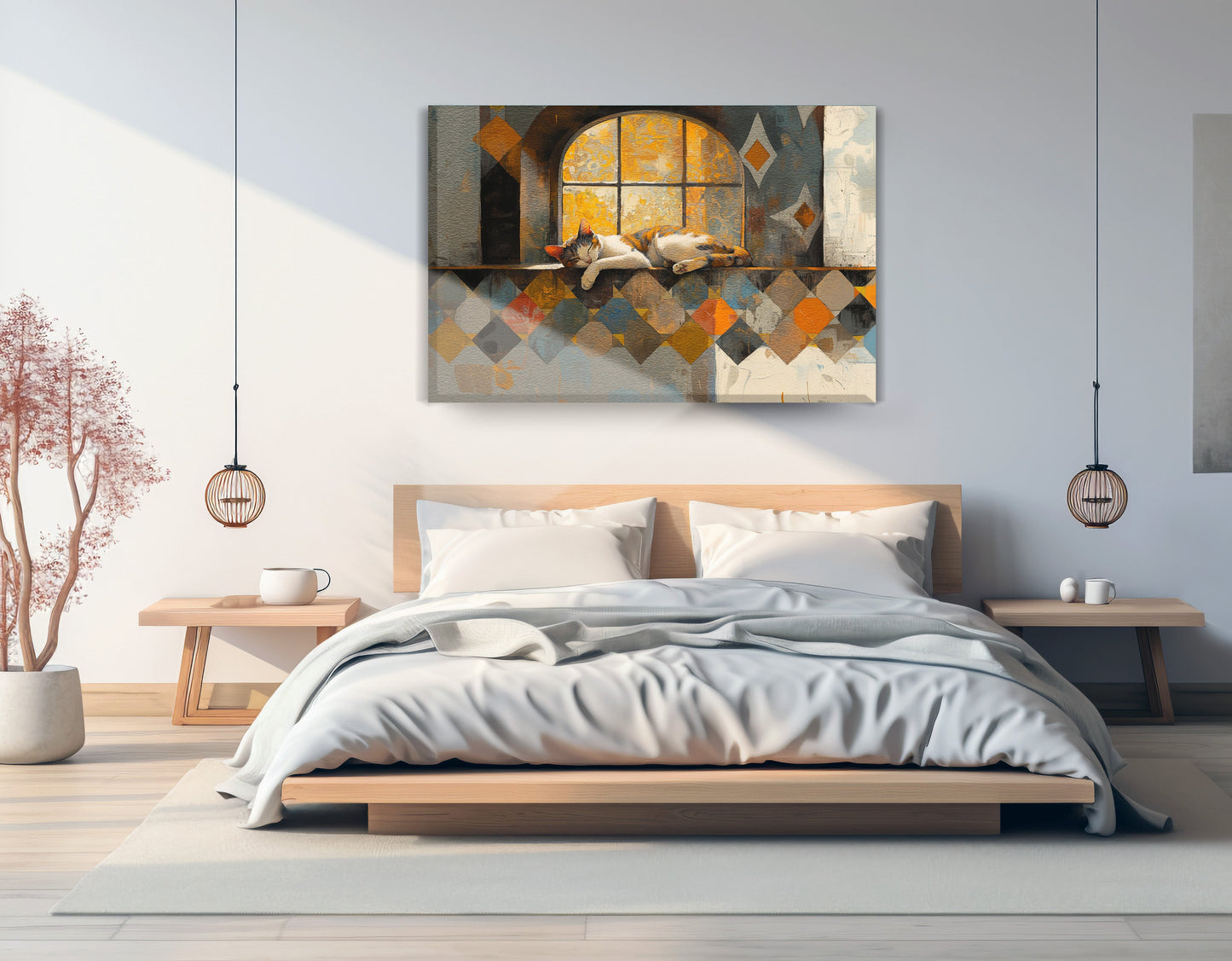 Sleeping Cat Window Quilt African American canvas print displayed as bedroom wall decor