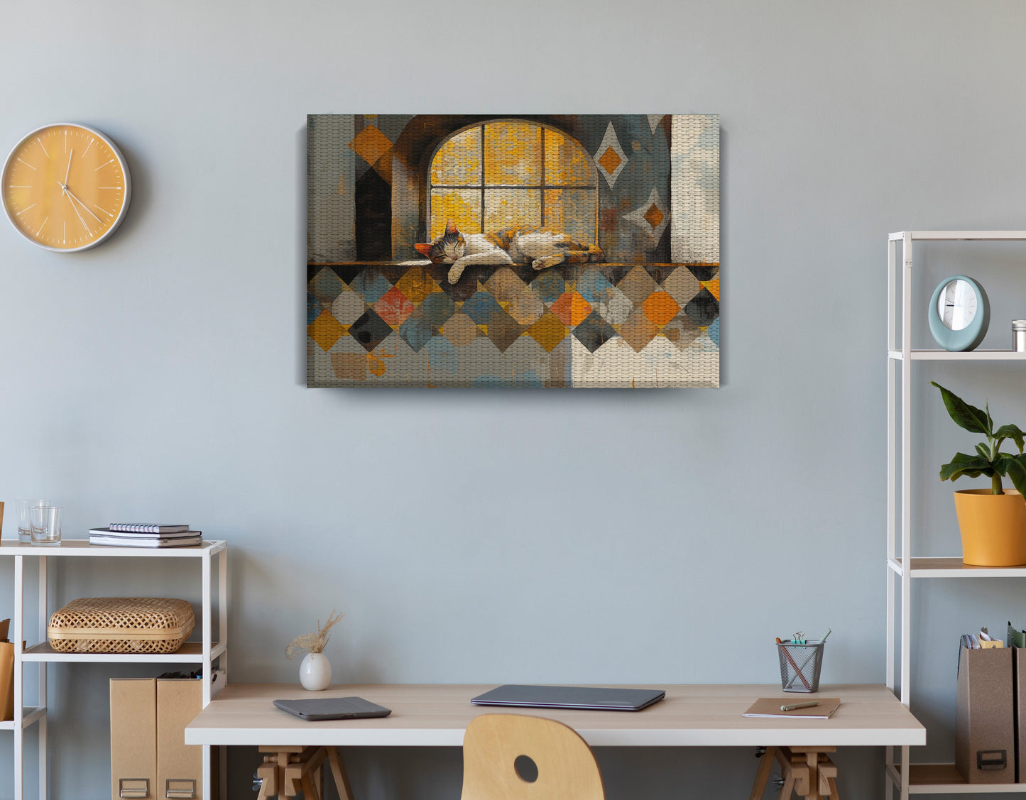 Sleeping Cat Window Quilt African American canvas print displayed as office wall decor