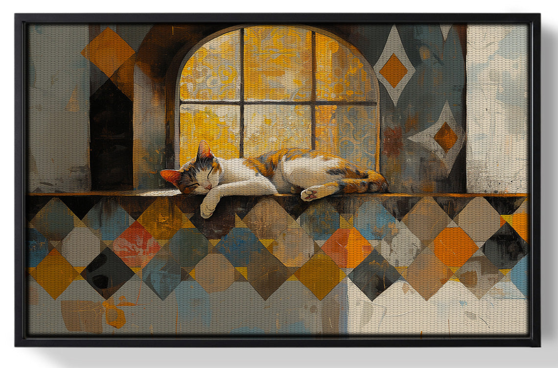 Framed Sleeping Cat Window Quilt African American canvas print for home decor