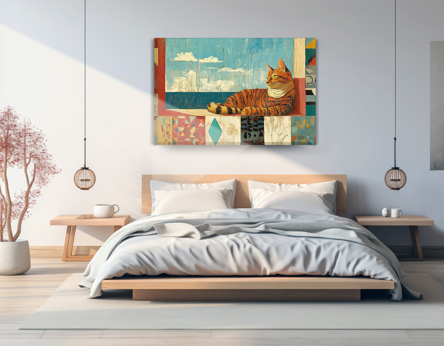 Orange Cat Ocean View Caribbean wall art displayed as bedroom wall decor