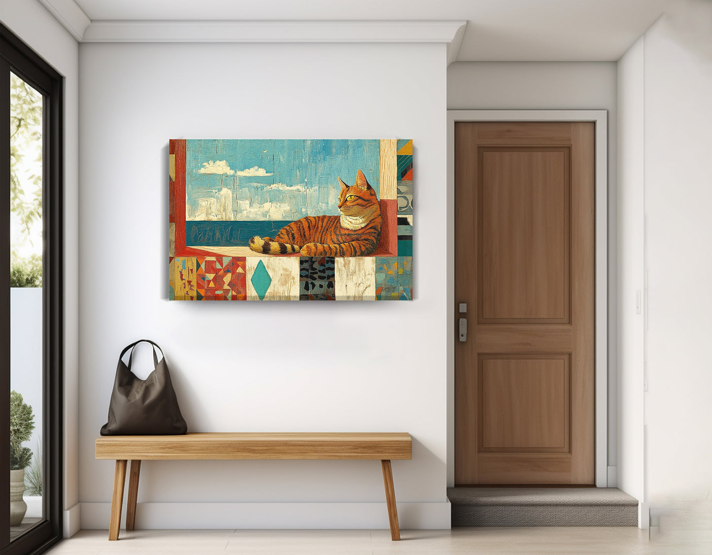 Orange Cat Ocean View Caribbean wall art displayed as entryway wall decor