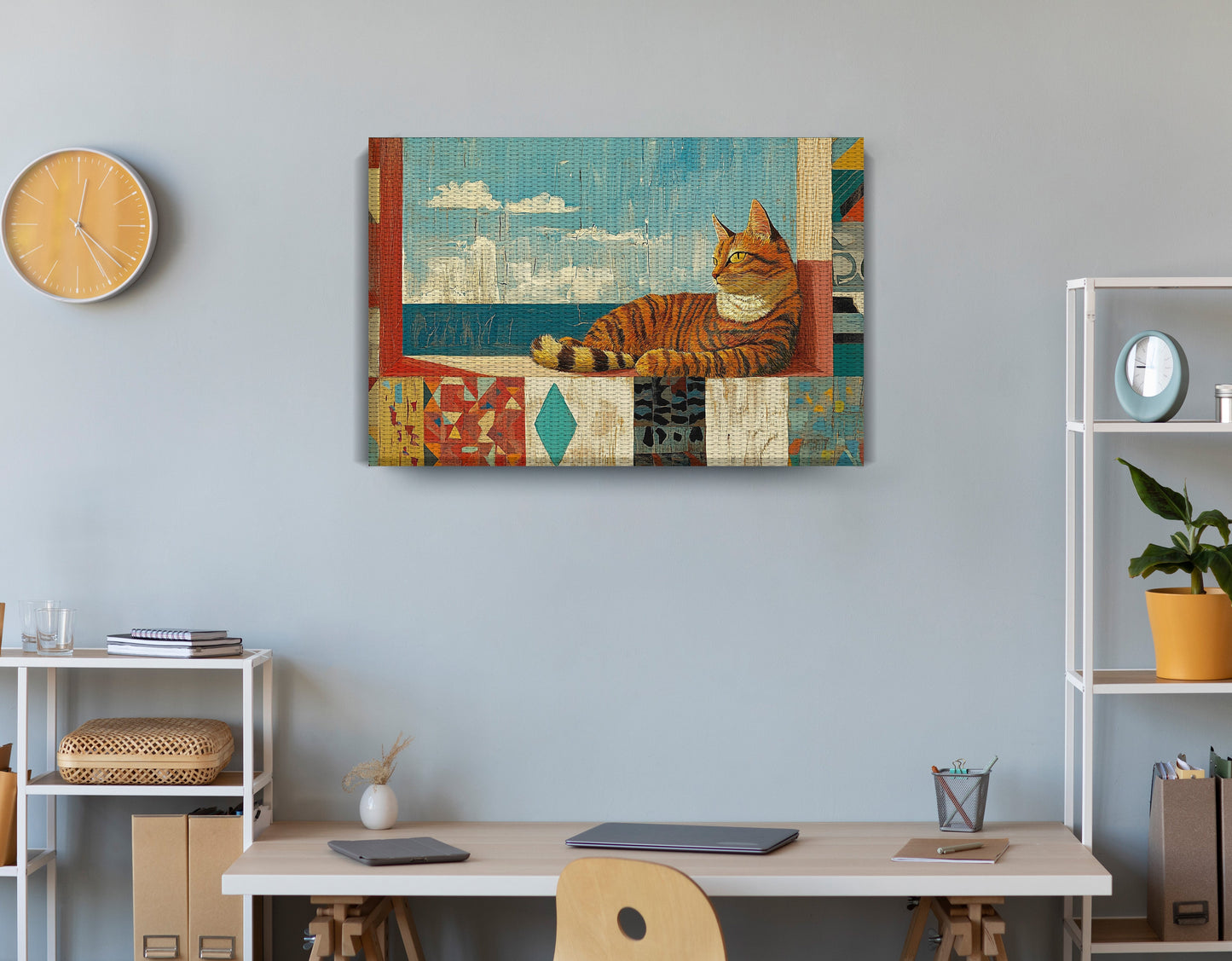 Orange Cat Ocean View Caribbean wall art displayed as office wall decor