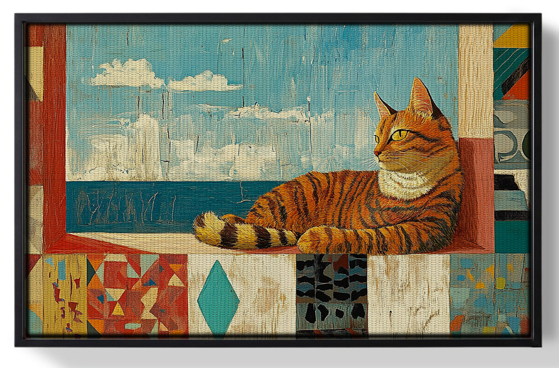Framed Orange Cat Ocean View Caribbean wall art for home decor