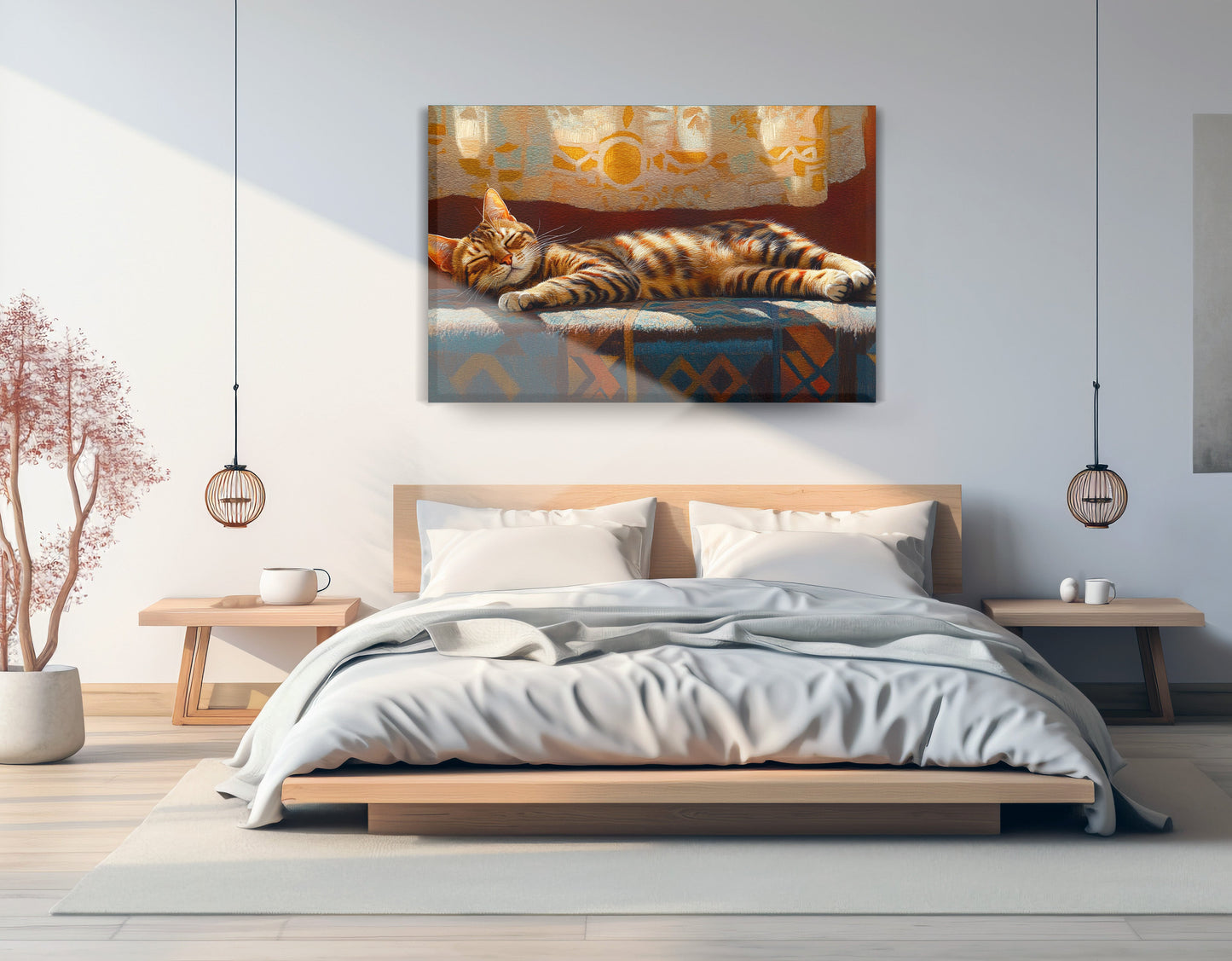 Tabby Cat Sunlit Bed African American canvas print displayed as bedroom wall decor
