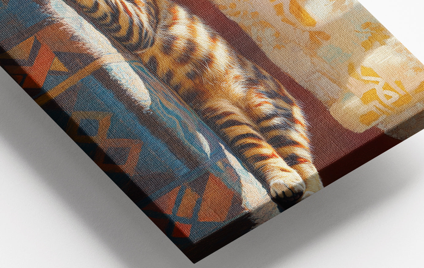 Close-up of Tabby Cat Sunlit Bed African American canvas print detail