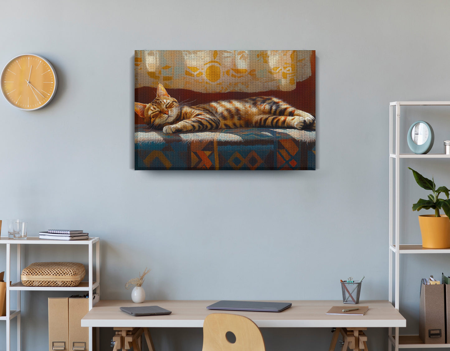 Tabby Cat Sunlit Bed African American canvas print displayed as office wall decor