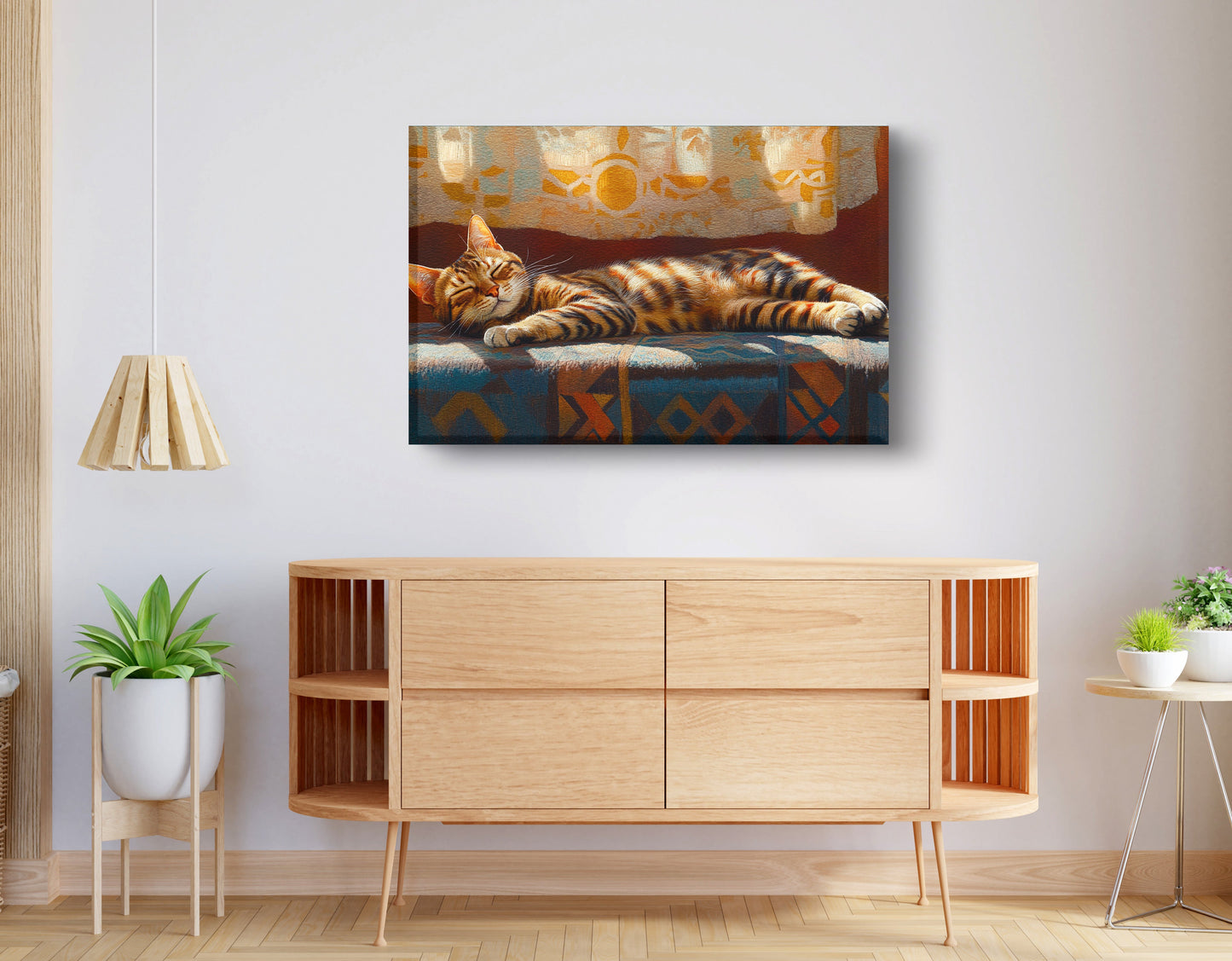 Tabby Cat Sunlit Bed African American canvas print displayed as living room wall decor
