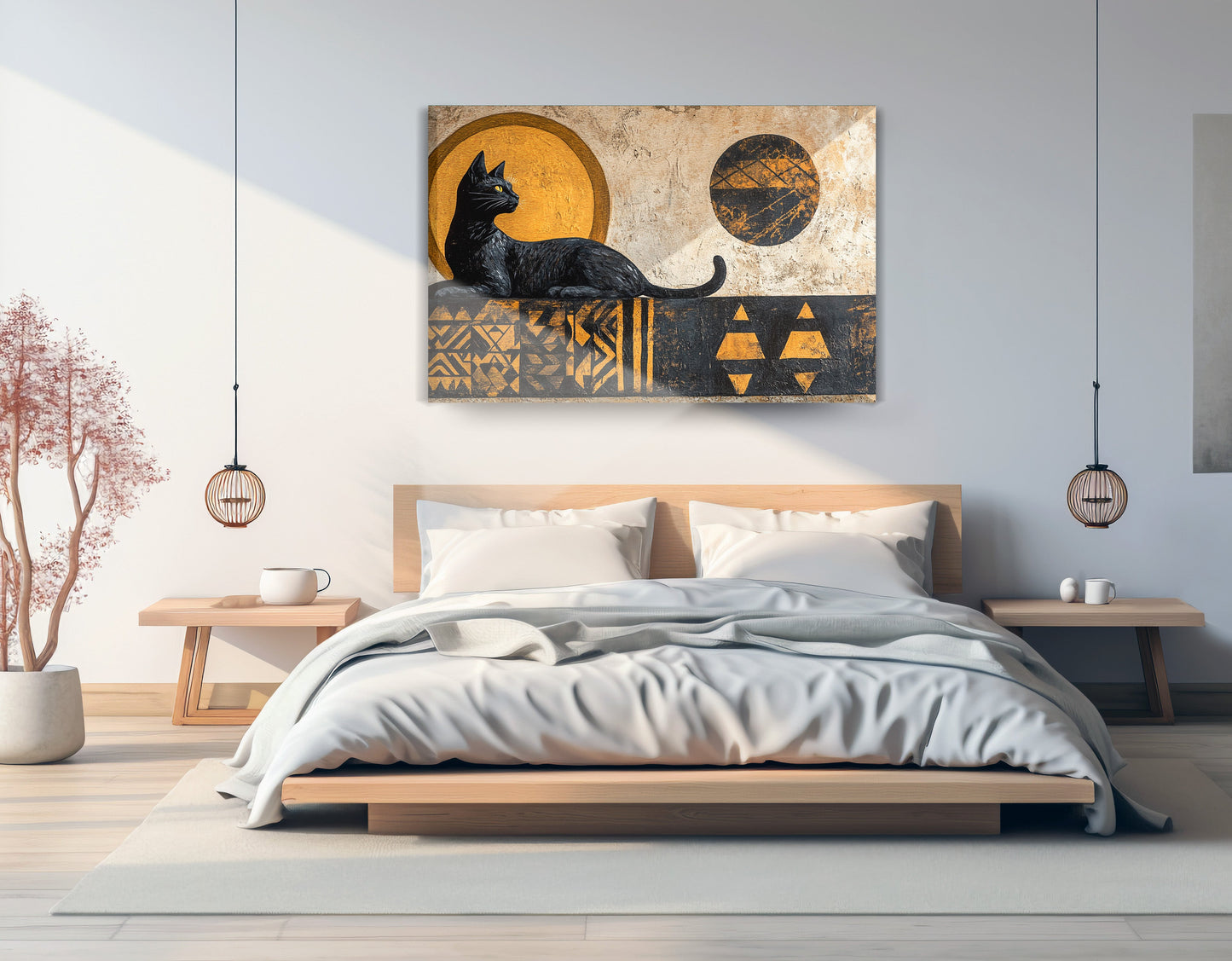 Black Cat Moon African Pattern African American canvas print displayed as bedroom wall decor