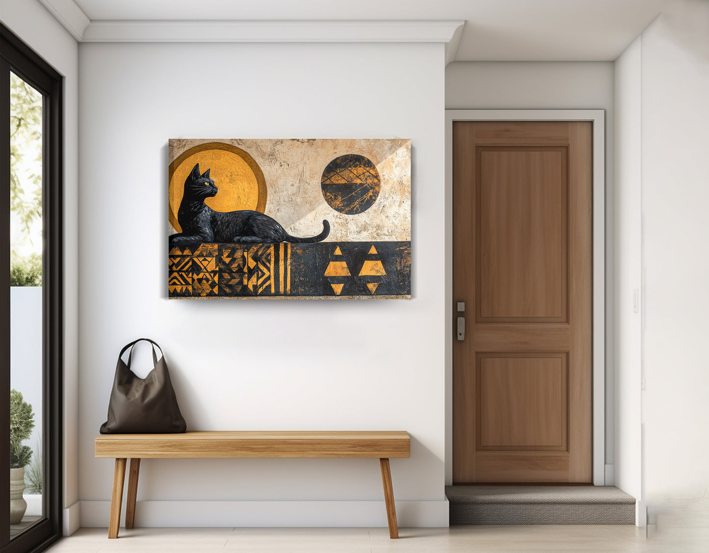 Black Cat Moon African Pattern African American canvas print displayed as entryway wall decor