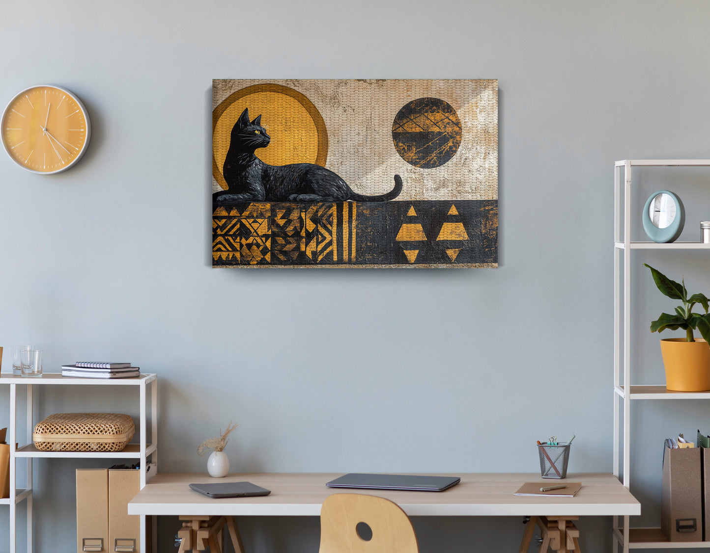Black Cat Moon African Pattern African American canvas print displayed as office wall decor