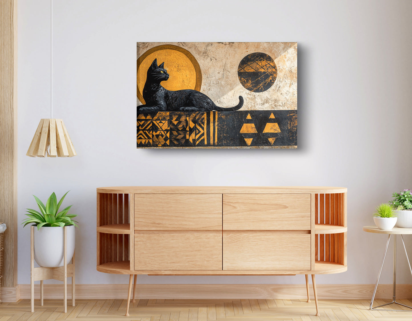 Black Cat Moon African Pattern African American canvas print displayed as living room wall decor