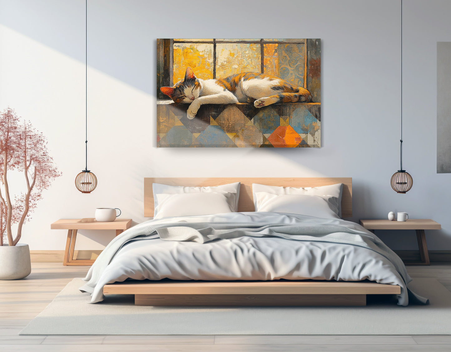 Sleeping Calico Cat Window African American canvas print displayed as bedroom wall decor