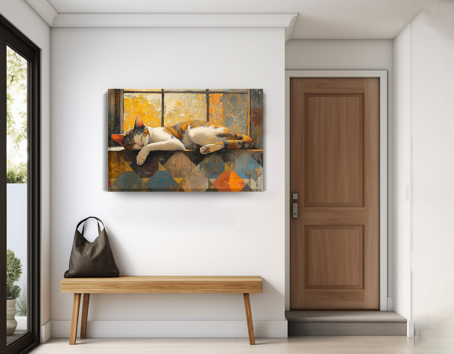Sleeping Calico Cat Window African American canvas print displayed as entryway wall decor