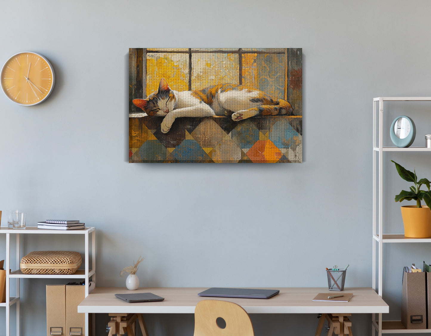 Sleeping Calico Cat Window African American canvas print displayed as office wall decor