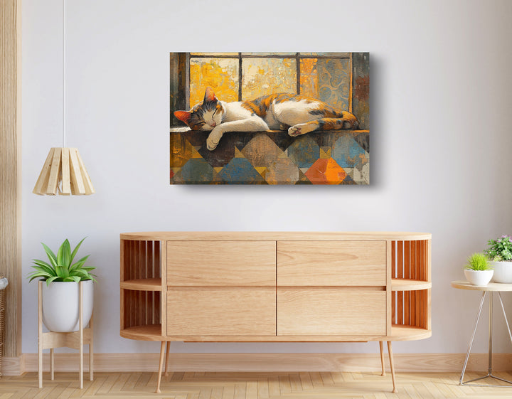 Sleeping Calico Cat Window Wall Art