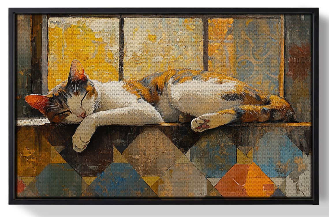 Framed Sleeping Calico Cat Window African American canvas print for home decor
