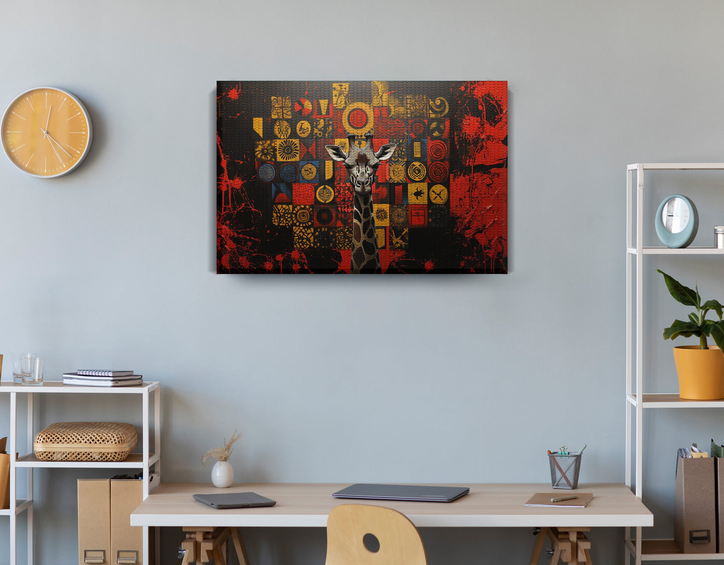 Giraffe Tribal Symbols African American canvas print displayed as office wall decor