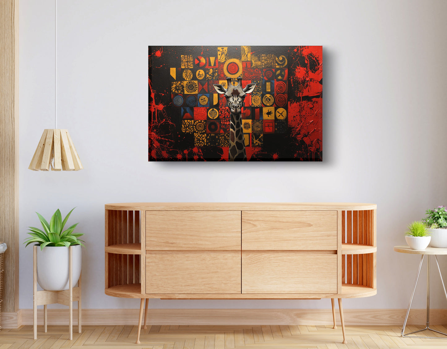 Giraffe Tribal Symbols African American canvas print displayed as living room wall decor