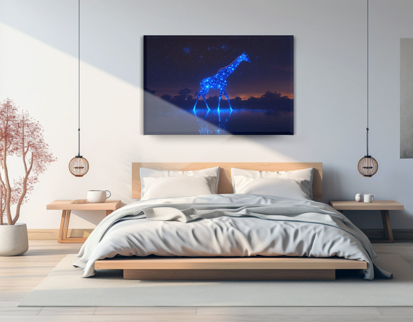 Glowing Blue Giraffe Night African American canvas print displayed as bedroom wall decor