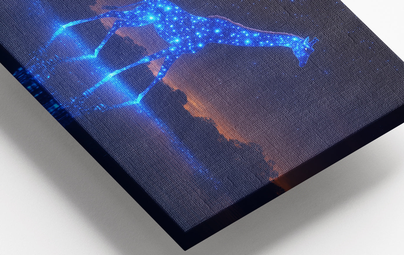 Close-up of Glowing Blue Giraffe Night African American canvas print detail
