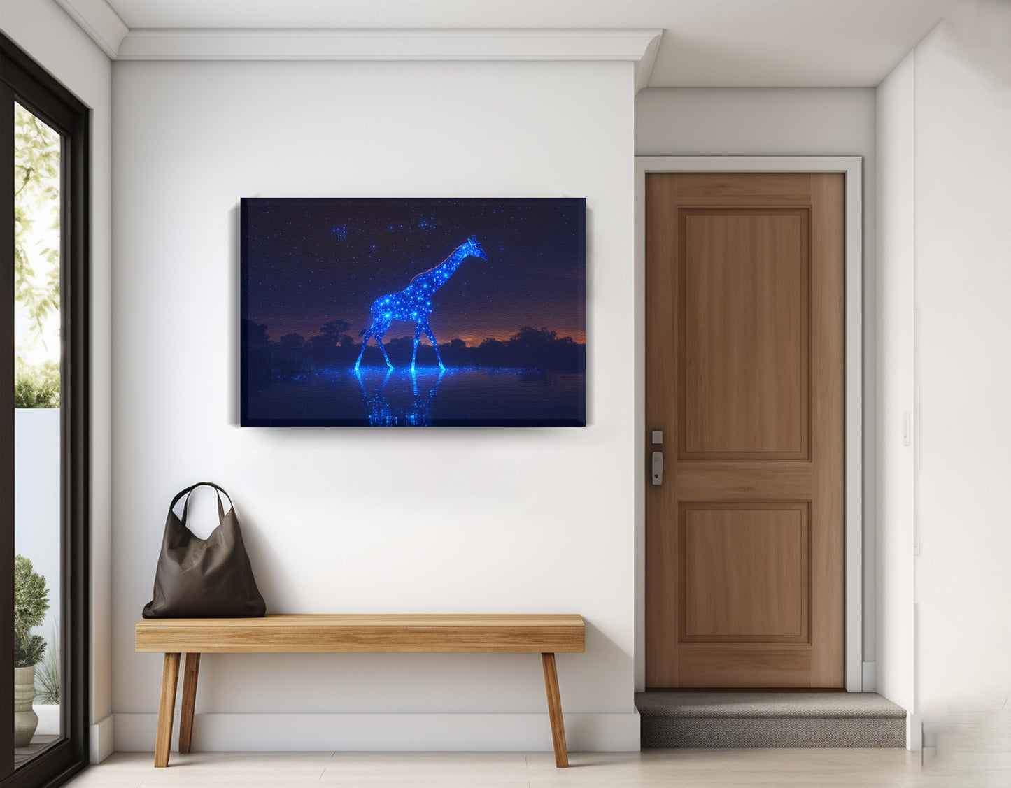 Glowing Blue Giraffe Night African American canvas print displayed as entryway wall decor
