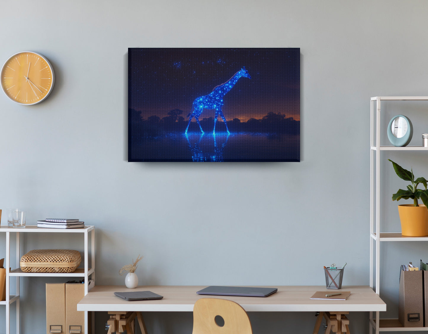 Glowing Blue Giraffe Night African American canvas print displayed as office wall decor