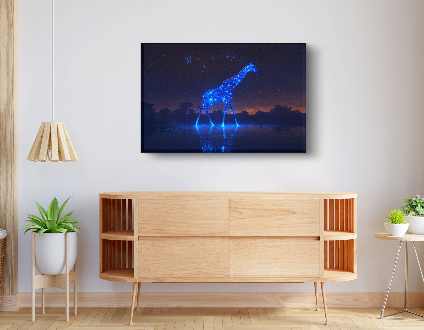 Glowing Blue Giraffe Night African American canvas print displayed as living room wall decor