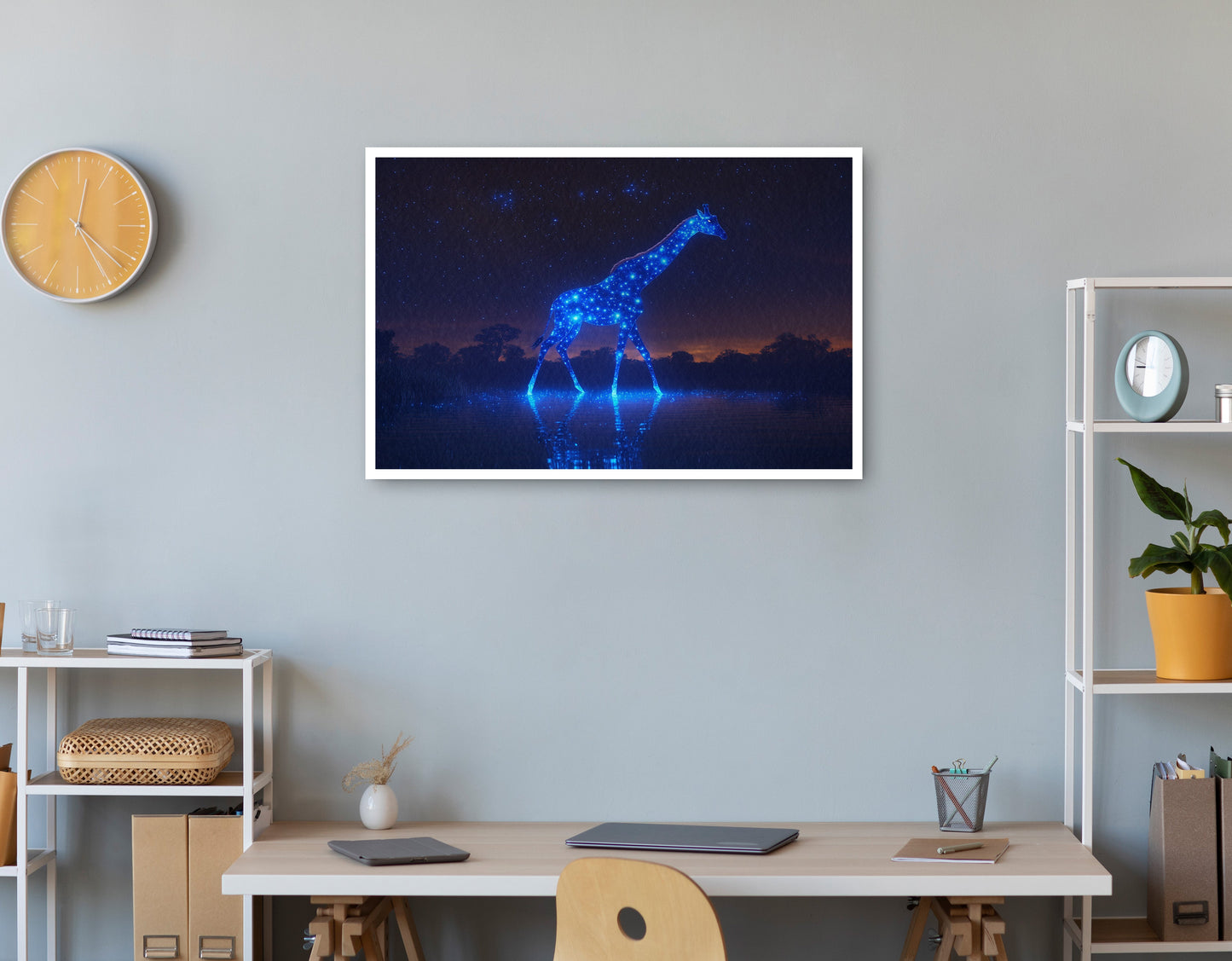 Glowing Blue Giraffe Night African American canvas print print view