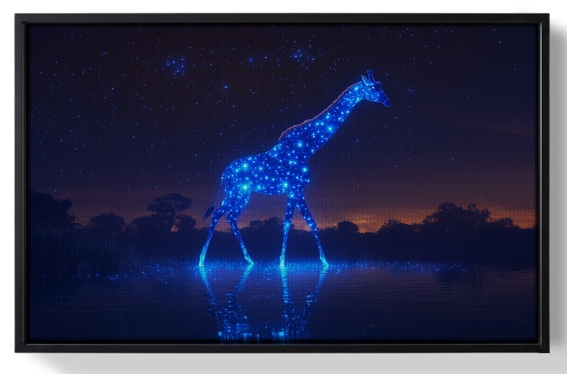 Framed Glowing Blue Giraffe Night African American canvas print for home decor