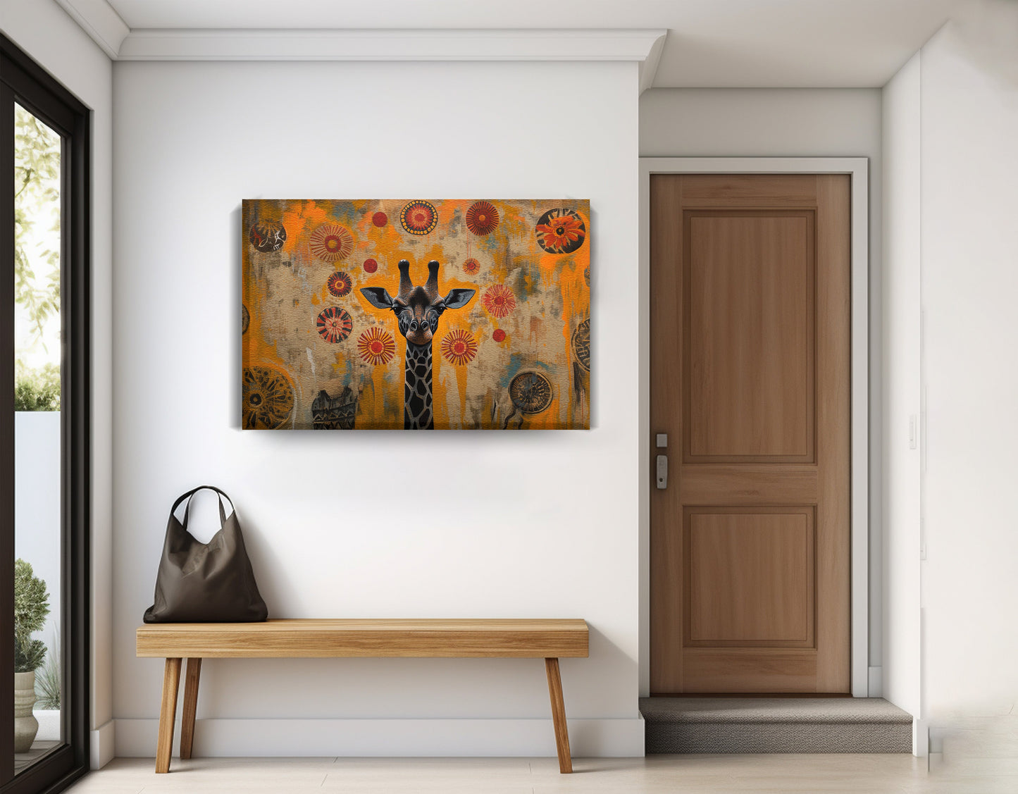 Earth Tone Giraffe African American canvas print displayed as entryway wall decor