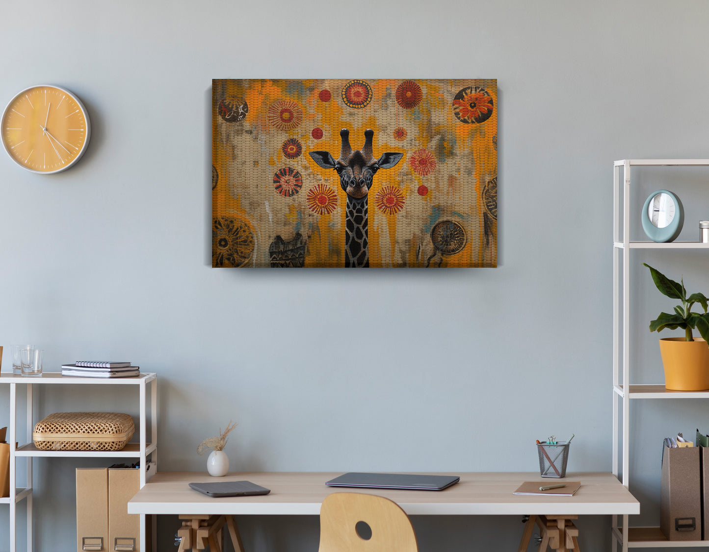 Earth Tone Giraffe African American canvas print displayed as office wall decor