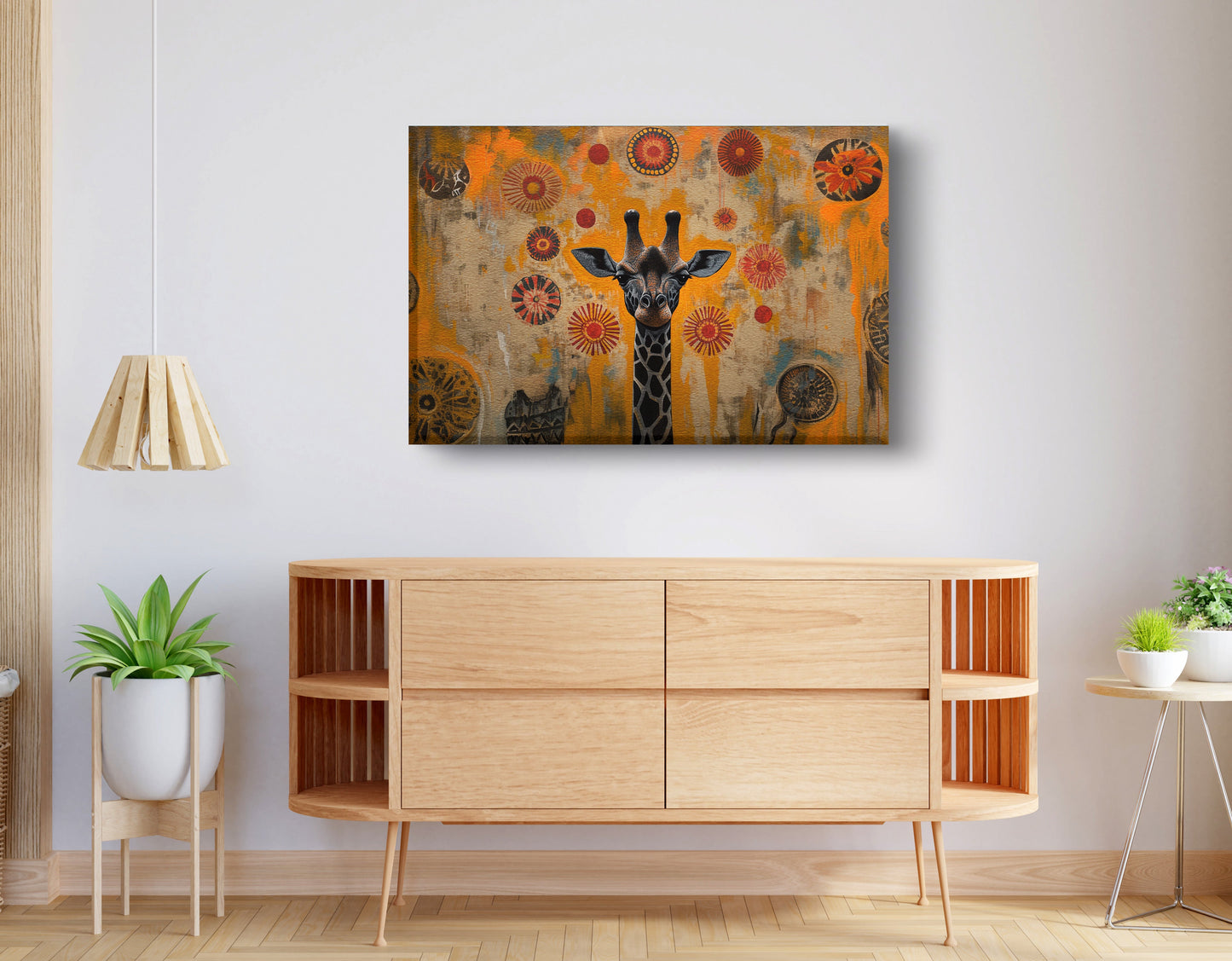 Earth Tone Giraffe African American canvas print displayed as living room wall decor