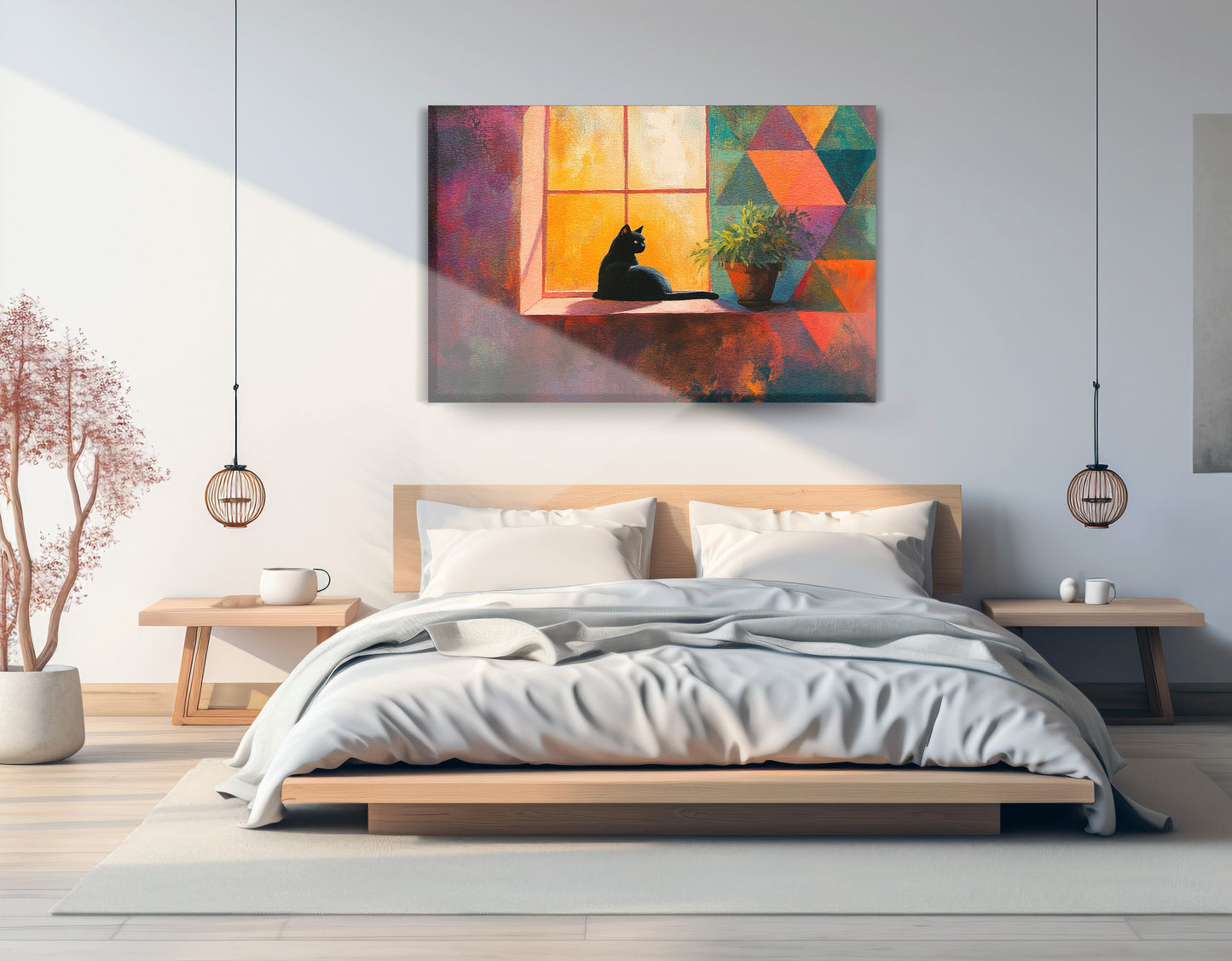 Black Cat Window Plant African American canvas print displayed as bedroom wall decor