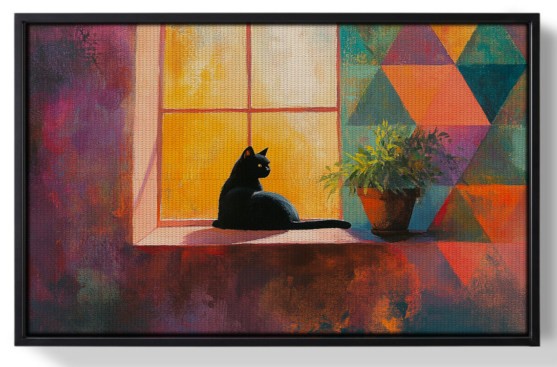 Framed Black Cat Window Plant African American canvas print for home decor
