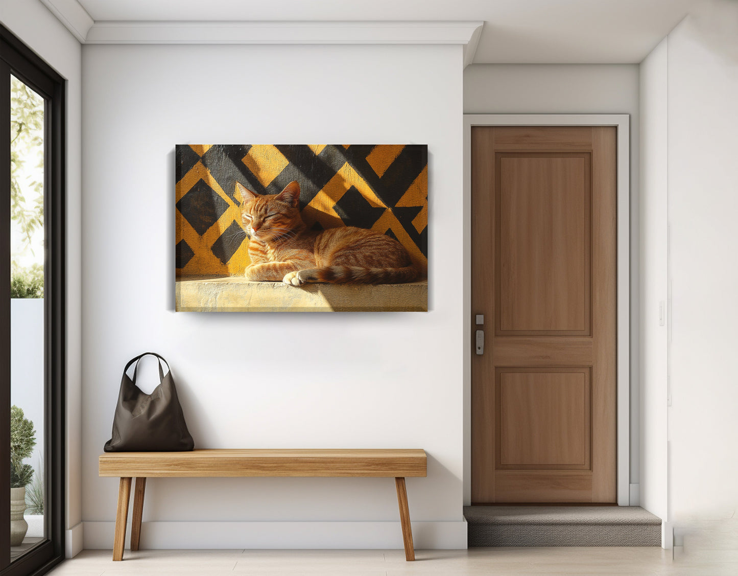 Orange Cat Geometric Sunlight African American abstract art displayed as entryway wall decor