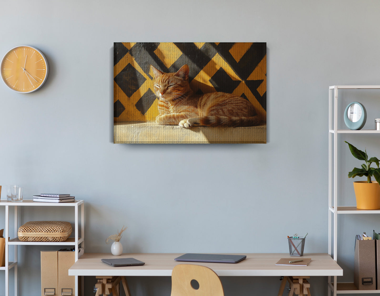 Orange Cat Geometric Sunlight African American abstract art displayed as office wall decor