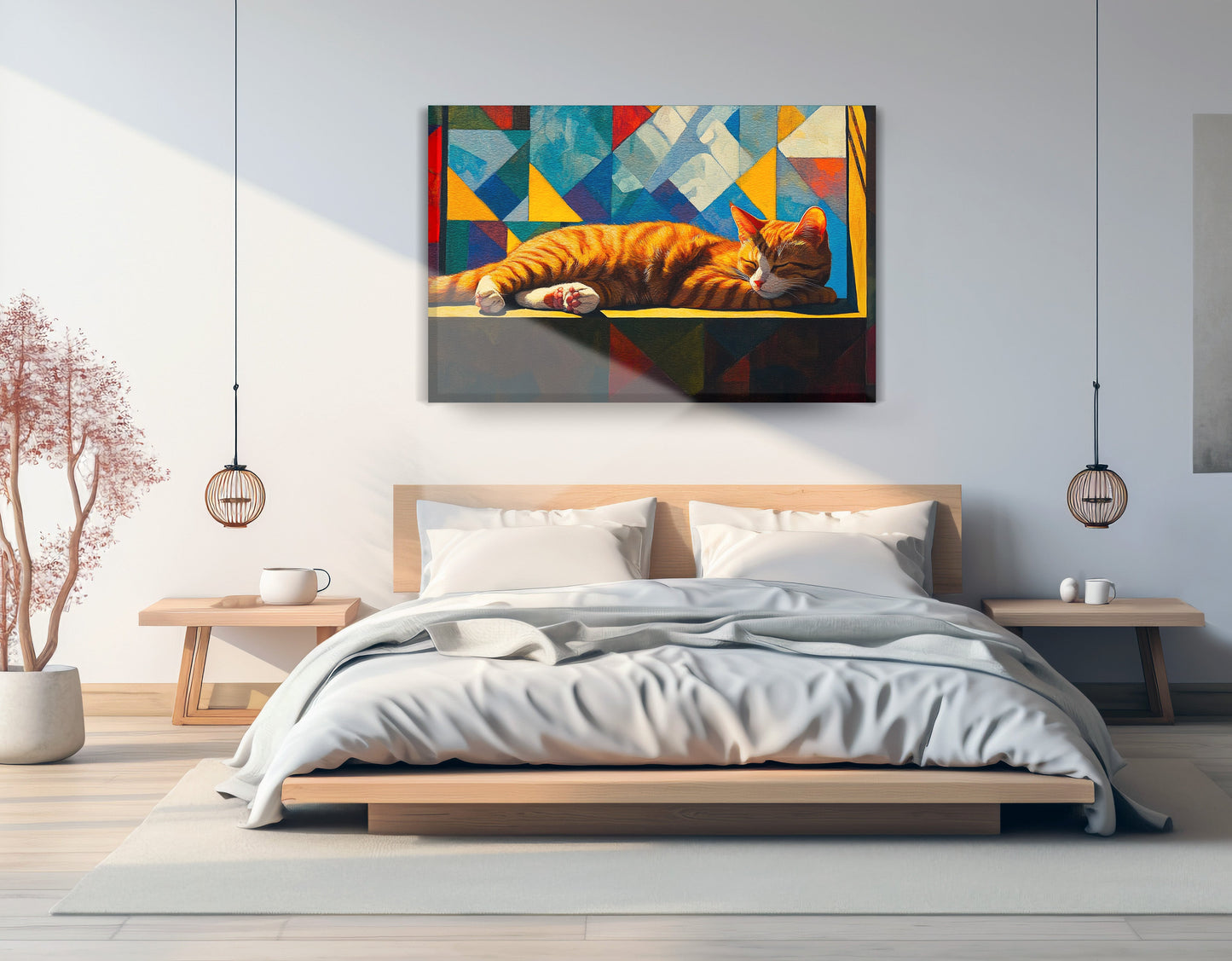 Sleeping Orange Cat Geometric African American abstract art displayed as bedroom wall decor