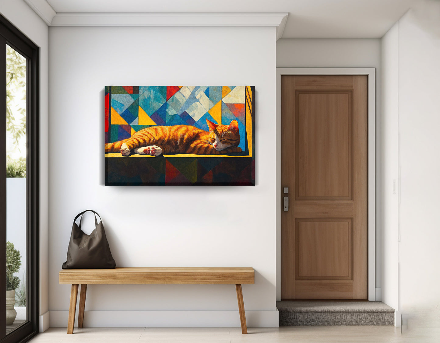 Sleeping Orange Cat Geometric African American abstract art displayed as entryway wall decor
