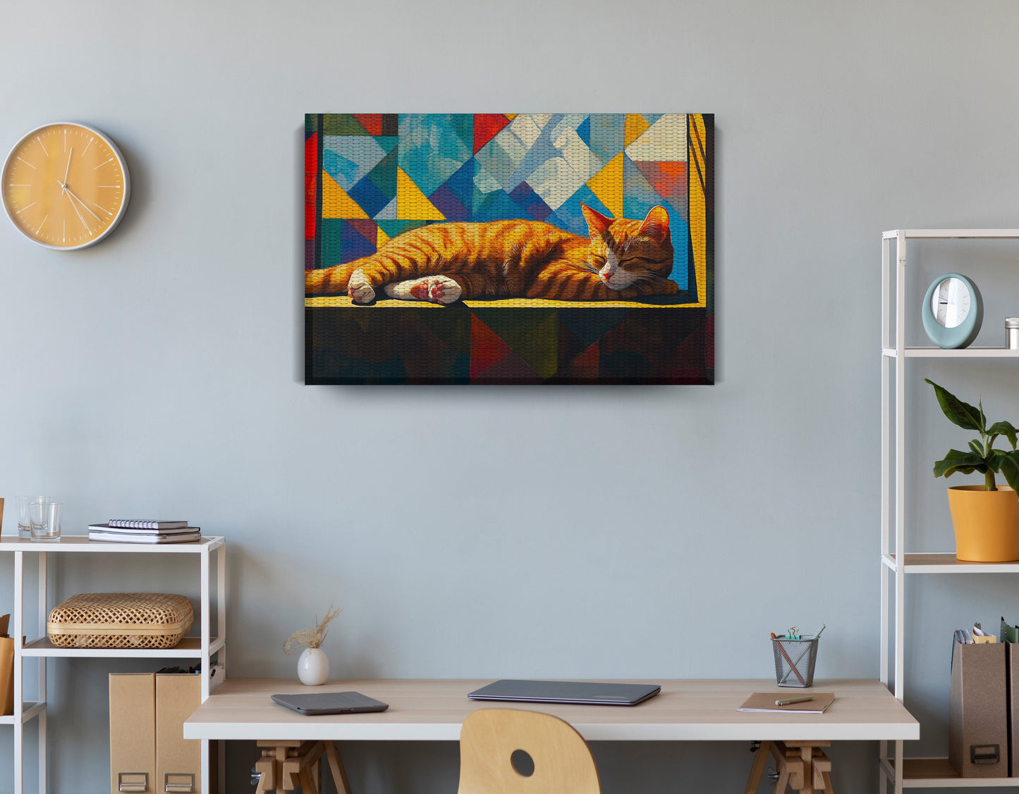 Sleeping Orange Cat Geometric African American abstract art displayed as office wall decor