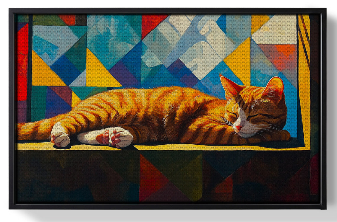 Framed Sleeping Orange Cat Geometric African American abstract art for home decor