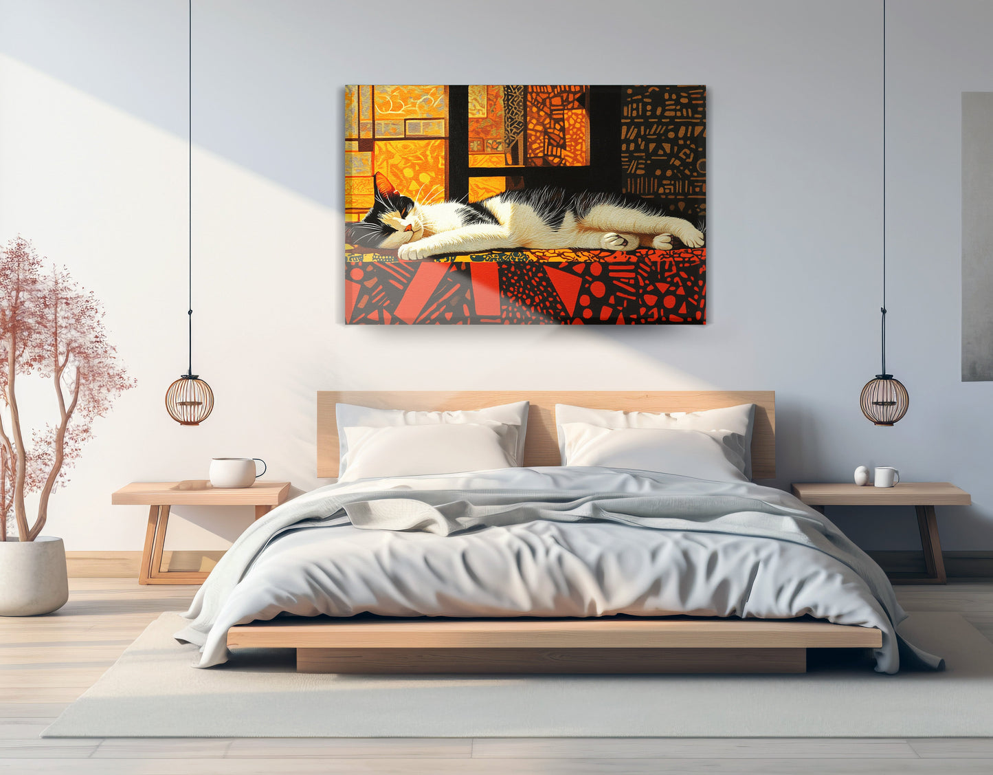Sleeping White Cat African Pattern African American canvas print displayed as bedroom wall decor