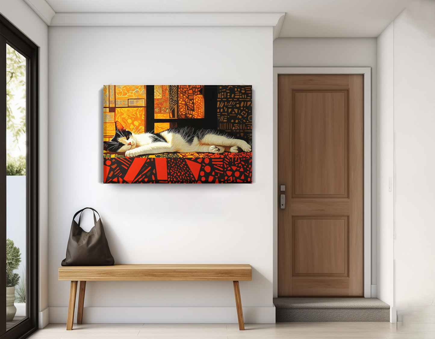Sleeping White Cat African Pattern African American canvas print displayed as entryway wall decor