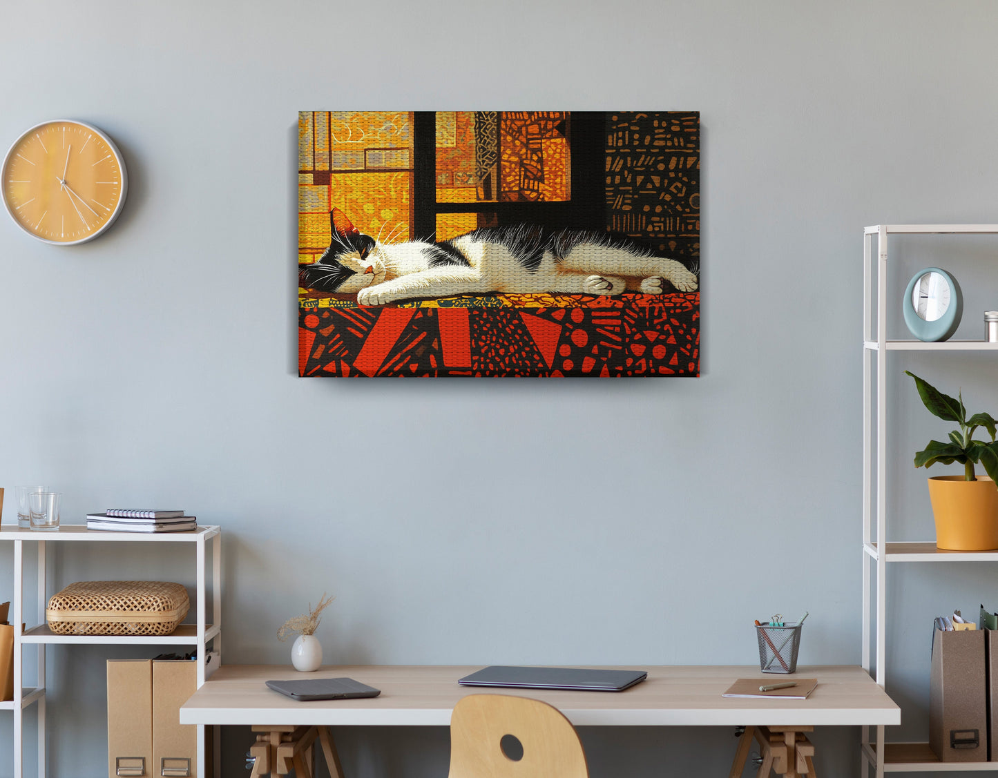 Sleeping White Cat African Pattern African American canvas print displayed as office wall decor