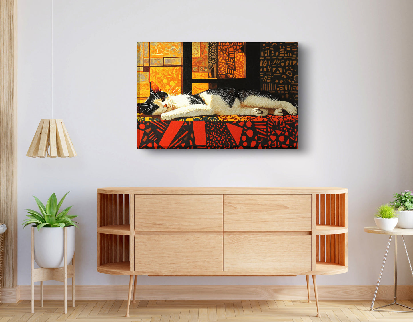 Sleeping White Cat African Pattern African American canvas print displayed as living room wall decor