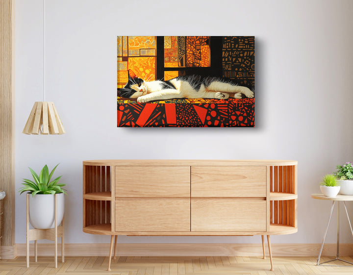 Sleeping White Cat African Pattern Wall Art