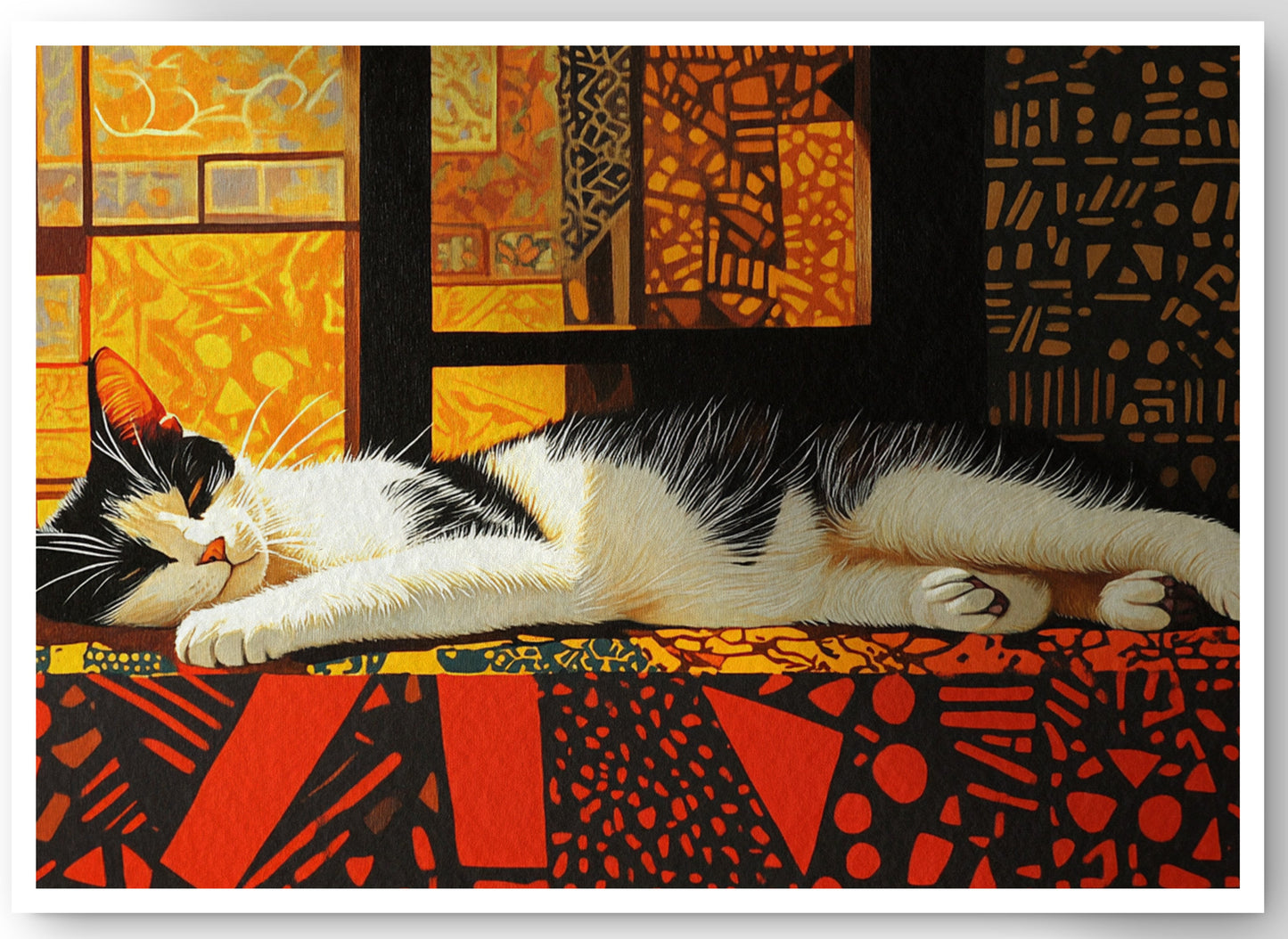 Sleeping White Cat African Pattern African American canvas print by MoomZee Artwork