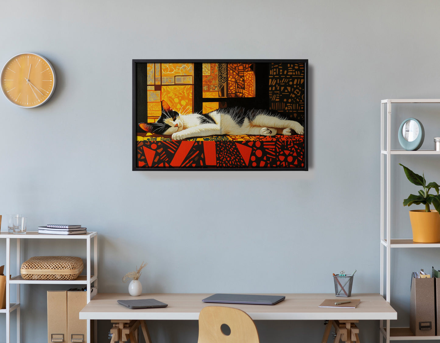 Sleeping White Cat African Pattern African American canvas print view 30