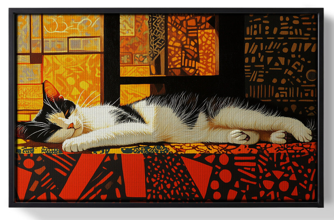 Framed Sleeping White Cat African Pattern African American canvas print for home decor