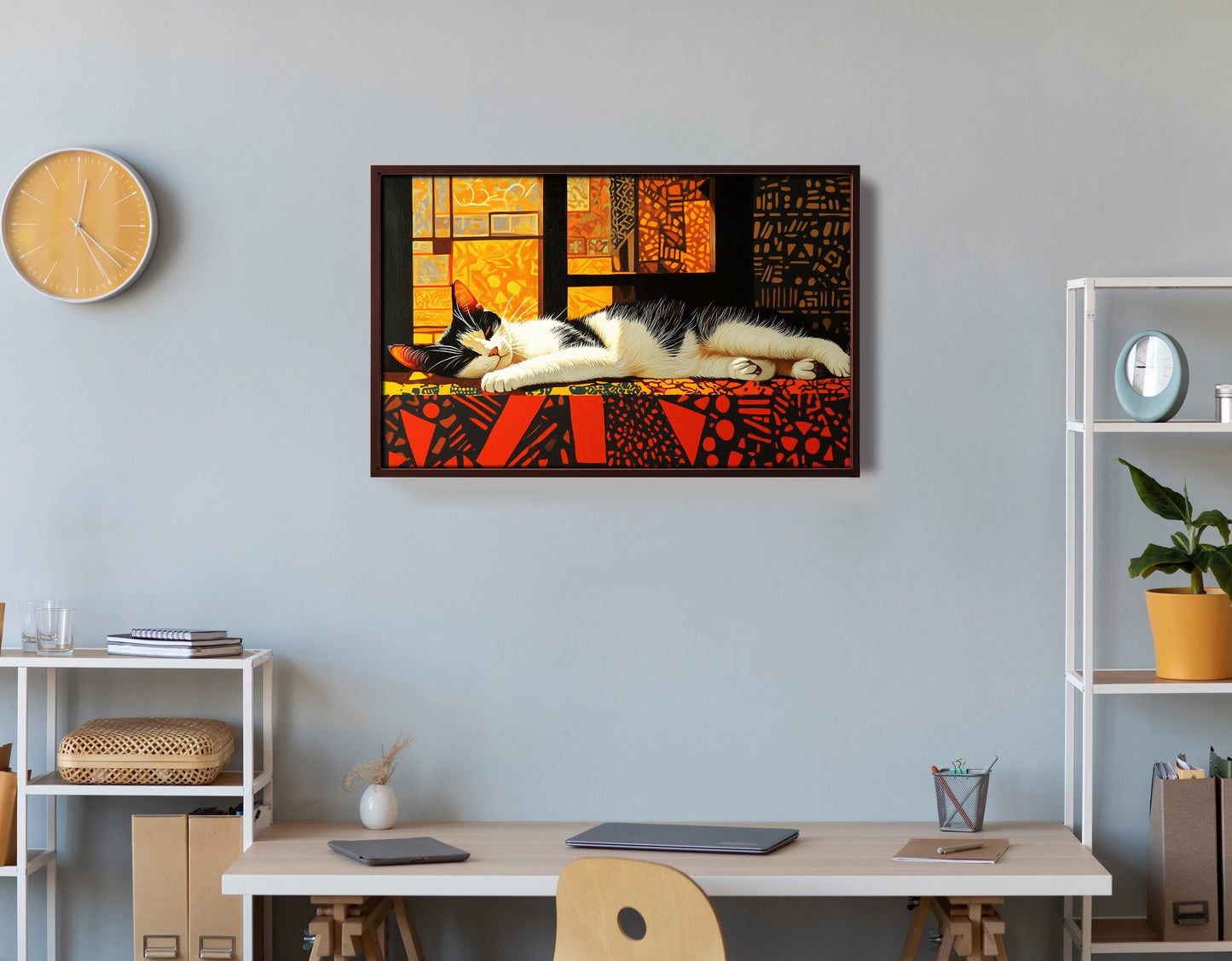 Sleeping White Cat African Pattern African American canvas print view 36