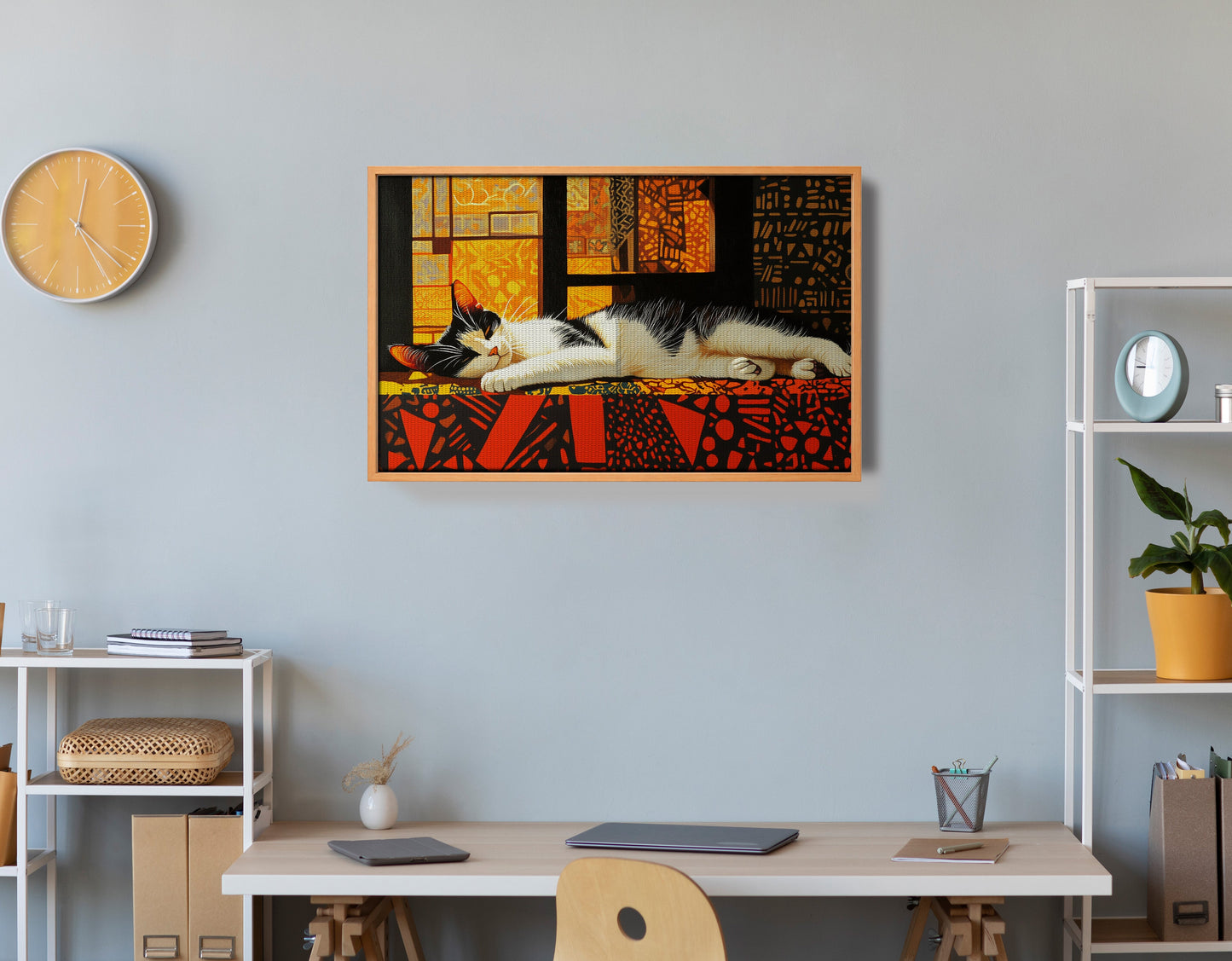 Sleeping White Cat African Pattern African American canvas print view 48
